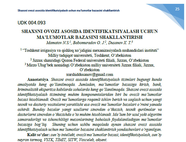 Shaxsni ovozi asosida identifikatsiyalash uchun ma’lumotlar bazasini shakllantirish