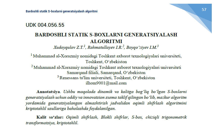 Bardoshli statik S-bokslarni generatsiyalash algoritmi