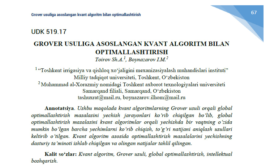 Grover usuliga asoslangan kvant algoritm bilan optimallashtirish