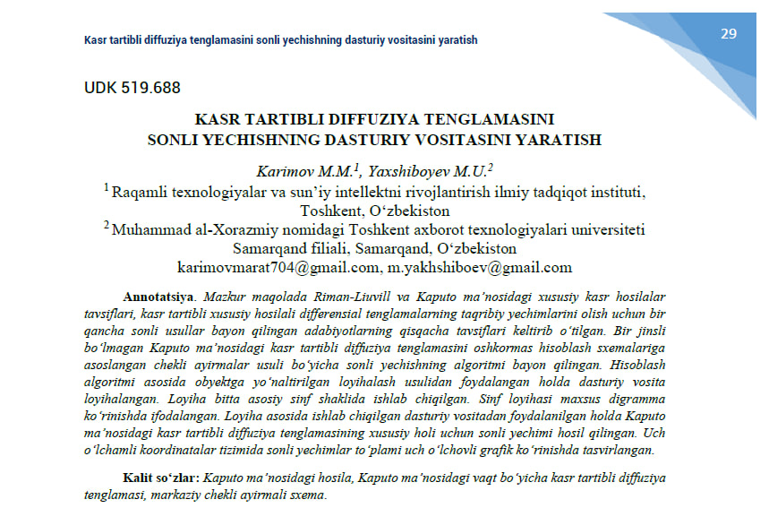Kasr tartibli diffuziya tenglamasini sonli yechishning dasturiy vositasini yaratish