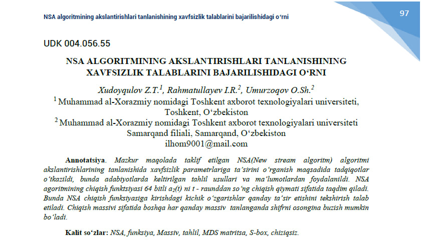 NSA algoritmining akslantirishlari tanlanishining xavfsizlik talablarini bajarilishidagi o‘rni