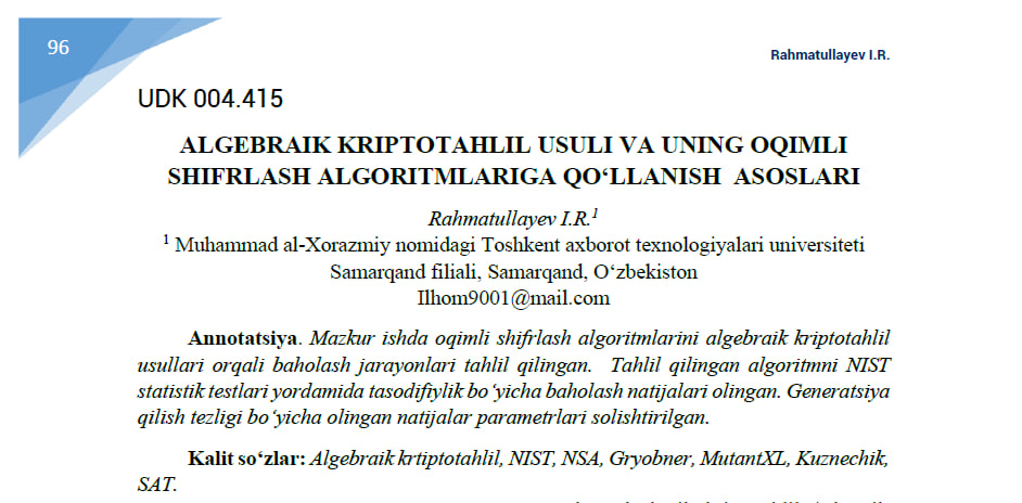 Algebraik kriptotahlil usuli va uning oqimli shifrlash algoritmlariga qoʻllanish  asoslari