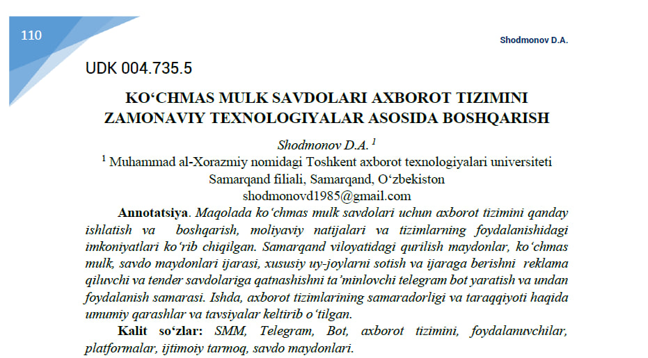 Koʻchmas mulk savdolari axborot tizimini zamonaviy texnologiyalar asosida boshqarish